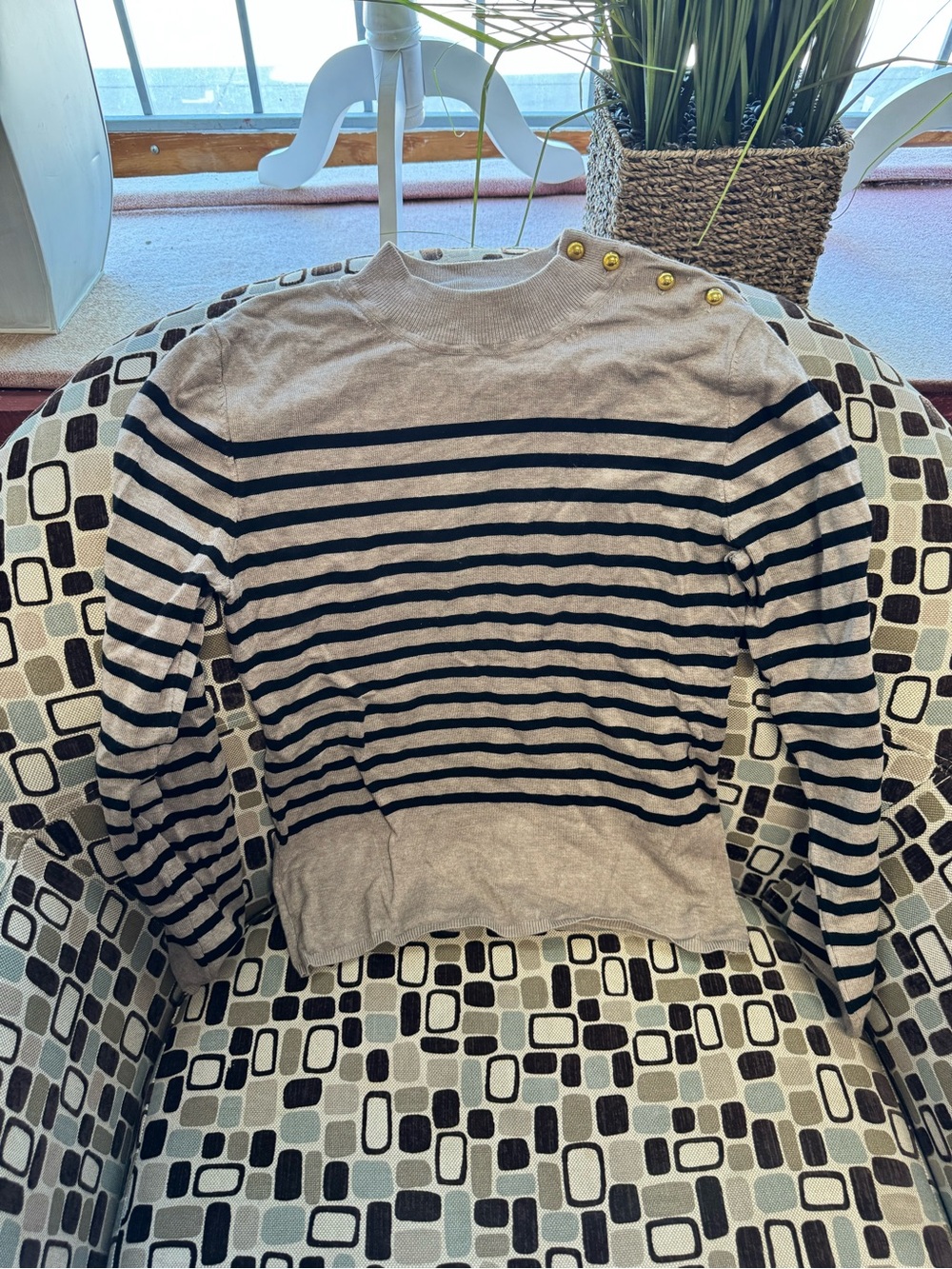 Cielo Beige Striped Knit Top with Gold Buttons